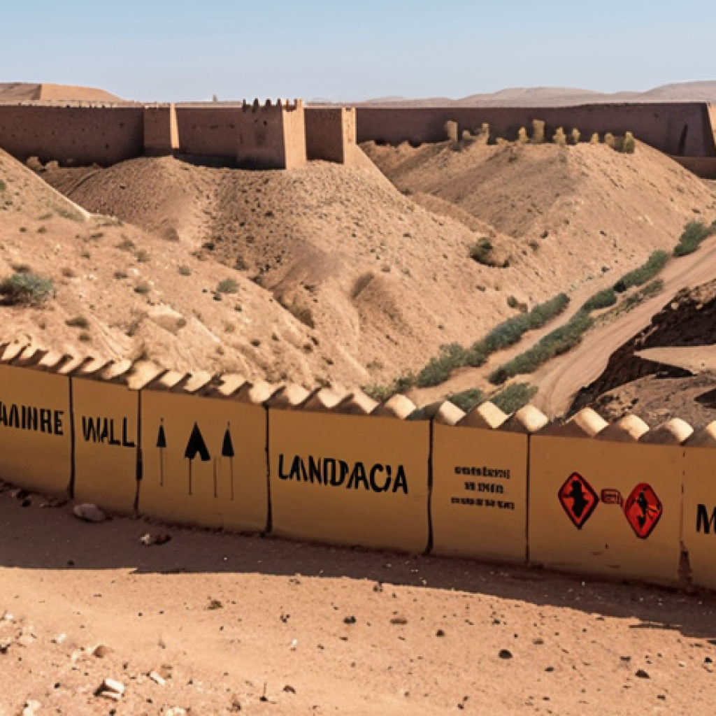 A fortified wall stretching across a desert landscape under a harsh sun, representing the Moroccan Wall in the SADR, with visible landmine warning signs.