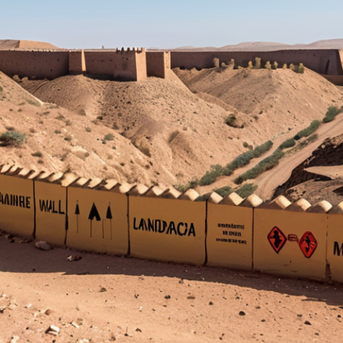 A fortified wall stretching across a desert landscape under a harsh sun, representing the Moroccan Wall in the SADR, with visible landmine warning signs.