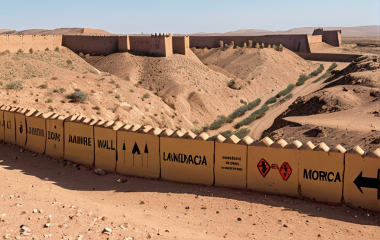 A fortified wall stretching across a desert landscape under a harsh sun, representing the Moroccan Wall in the SADR, with visible landmine warning signs.