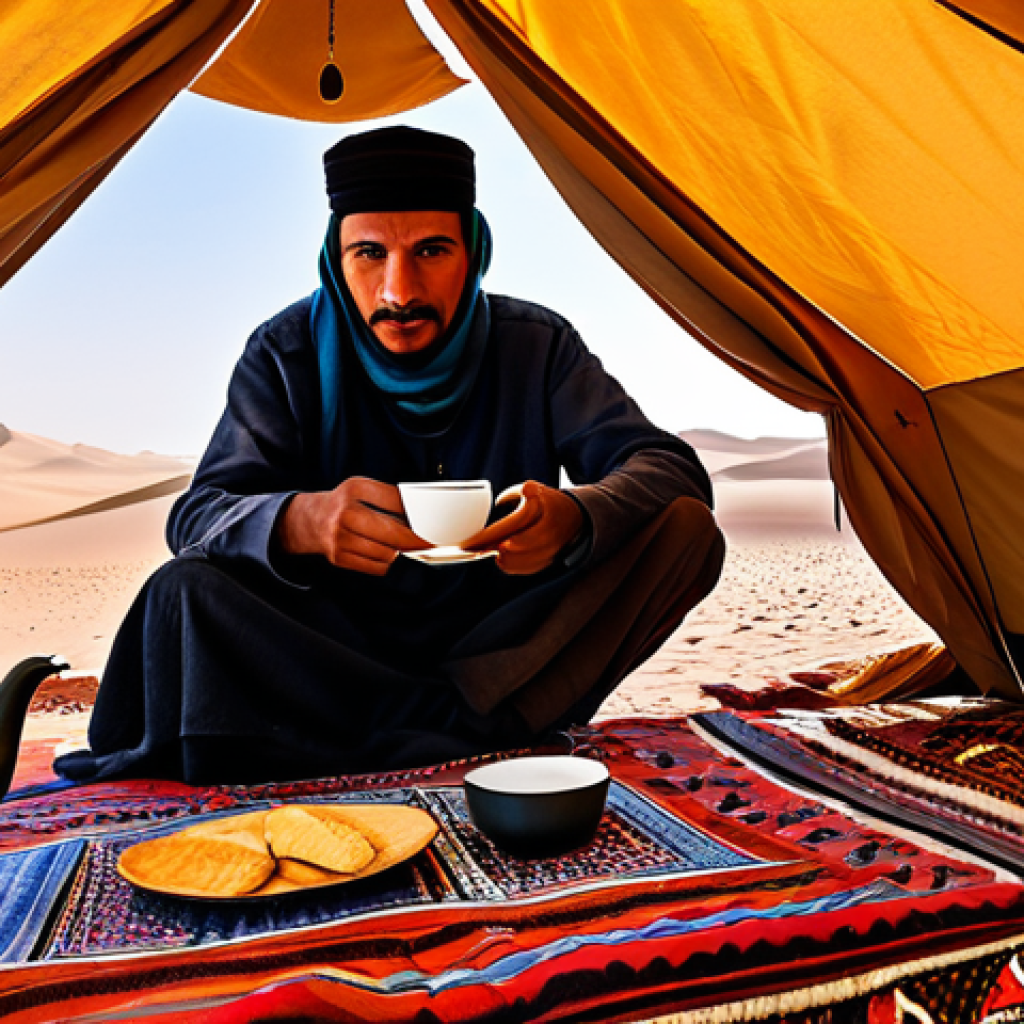 Sahrawi Hospitality**
"A fully clothed traveler, wearing modest hiking attire, being offered tea by a Sahrawi man in traditional clothing inside a tent. The scene is brightly lit, showcasing the intricate patterns of the tent fabrics. Background shows the vast Sahara desert landscape. Safe for work, appropriate content, perfect anatomy, natural pose, family-friendly, high quality."
**