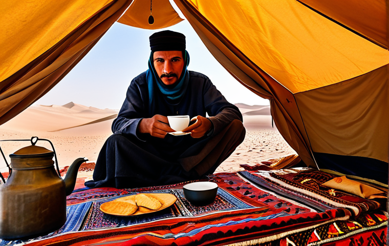 Sahrawi Hospitality**

"A fully clothed traveler, wearing modest hiking attire, being offered tea by a Sahrawi man in traditional clothing inside a tent. The scene is brightly lit, showcasing the intricate patterns of the tent fabrics. Background shows the vast Sahara desert landscape. Safe for work, appropriate content, perfect anatomy, natural pose, family-friendly, high quality."

**