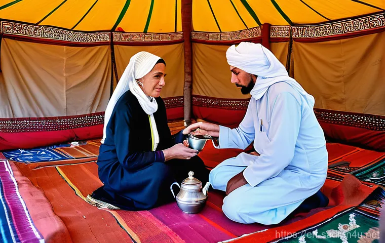 사하라 아랍 민주 공화국 여행 안전 수칙 - Image Prompt 1: Sahrawi Tea Ceremony in a Nomadic Tent**