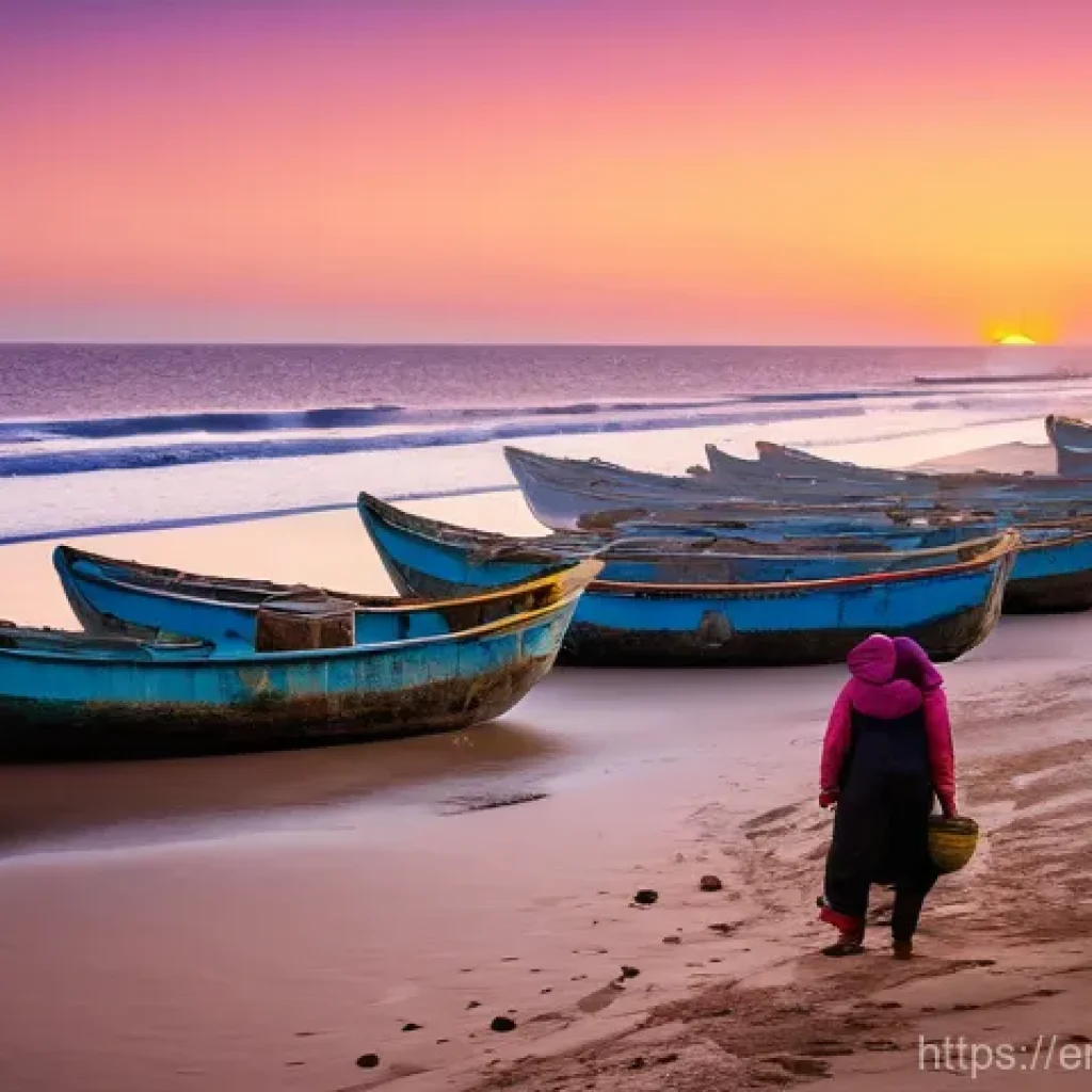 사하라 아랍 민주 공화국 수출입 품목 - **A Vibrant Sahrawi Fishing Village at Dawn:**
An idyllic scene depicting Sahrawi fishermen prep...