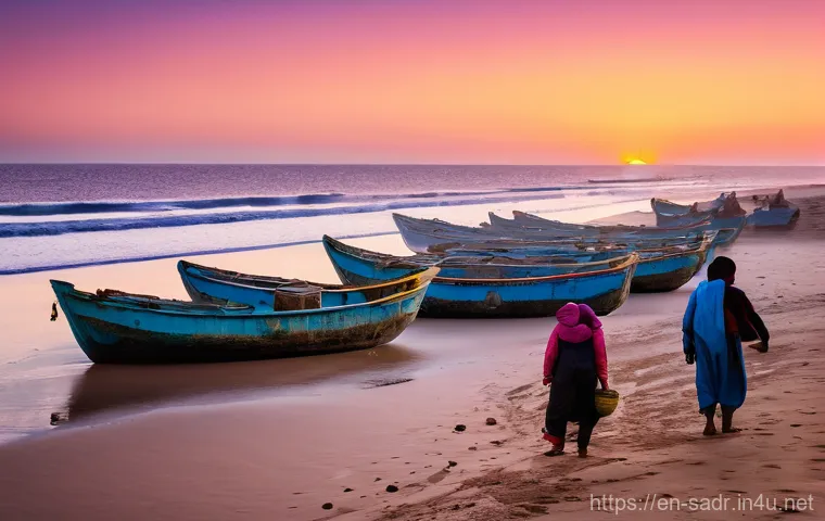 사하라 아랍 민주 공화국 수출입 품목 - **A Vibrant Sahrawi Fishing Village at Dawn:**
    An idyllic scene depicting Sahrawi fishermen prep...