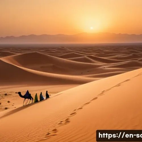 사하라 아랍 민주 공화국 아랍어 방언 - A serene, high-angle wide shot of a Sahrawi nomadic family, consisting of a father, mother, and a ch...