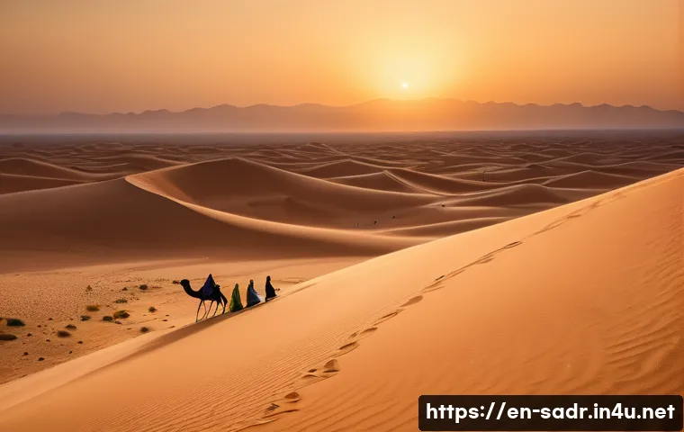 사하라 아랍 민주 공화국 아랍어 방언 - A serene, high-angle wide shot of a Sahrawi nomadic family, consisting of a father, mother, and a ch...
