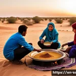 사하라 아랍 민주 공화국의 전통 음식과 모로코 요리 비교 - A warm, rustic outdoor desert scene depicting a Sahrawi family gathered around a low, large communal...
