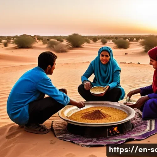 사하라 아랍 민주 공화국의 전통 음식과 모로코 요리 비교 - A warm, rustic outdoor desert scene depicting a Sahrawi family gathered around a low, large communal...