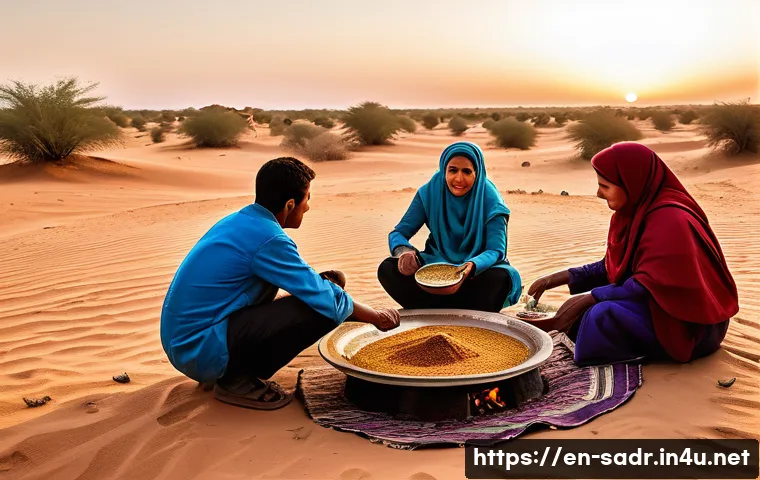 사하라 아랍 민주 공화국의 전통 음식과 모로코 요리 비교 - A warm, rustic outdoor desert scene depicting a Sahrawi family gathered around a low, large communal...