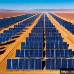 사하라 아랍 민주 공화국 내 경제 발전 계획 - A vast desert landscape under a bright blue sky showcasing a sprawling solar farm with rows of gleam...