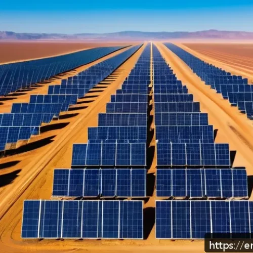 사하라 아랍 민주 공화국 내 경제 발전 계획 - A vast desert landscape under a bright blue sky showcasing a sprawling solar farm with rows of gleam...