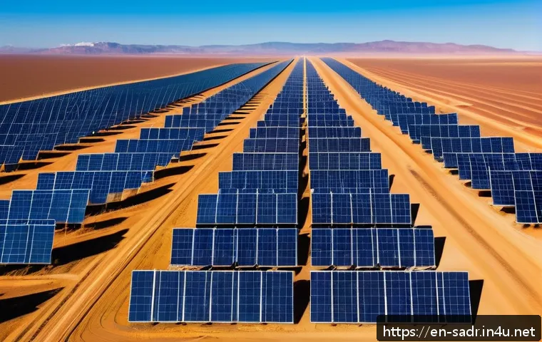 사하라 아랍 민주 공화국 내 경제 발전 계획 - A vast desert landscape under a bright blue sky showcasing a sprawling solar farm with rows of gleam...