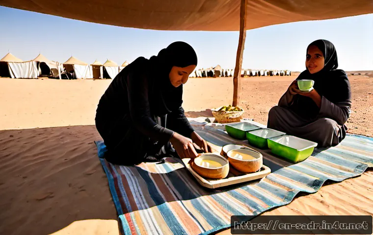 사하라 아랍 민주 공화국 내 난민 캠프 생활 - Photorealistic wide-angle scene of daily life in a Sahrawi refugee camp near Tindouf, Algeria, digni...