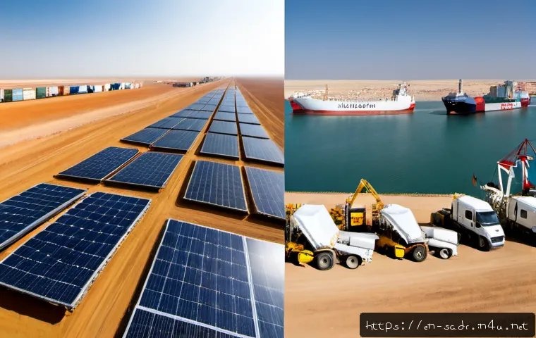 사하라 아랍 민주 공화국과 북아프리카 경제 비교 - Photorealistic split-scene economic comparison: on the left, Western Sahara’s vast golden desert wit...