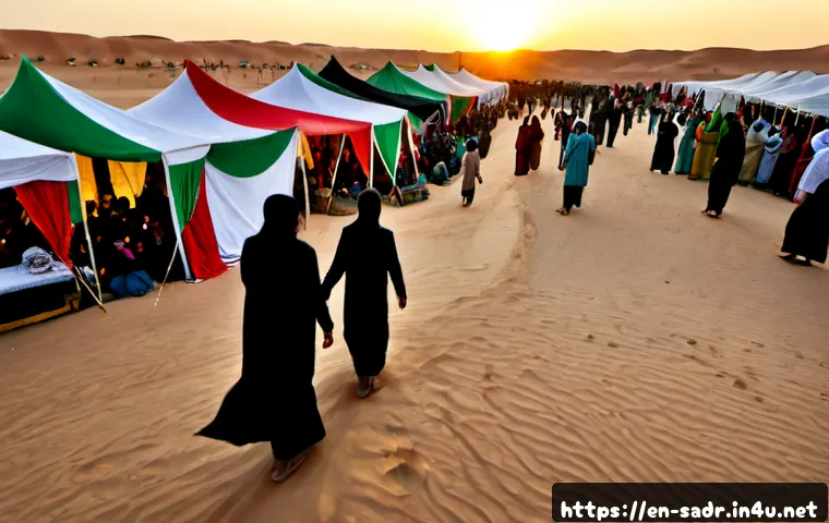 사하라 아랍 민주 공화국 주요 명절 - Photorealistic Sahrawi National Day community celebration in a desert refugee camp, multigenerationa...